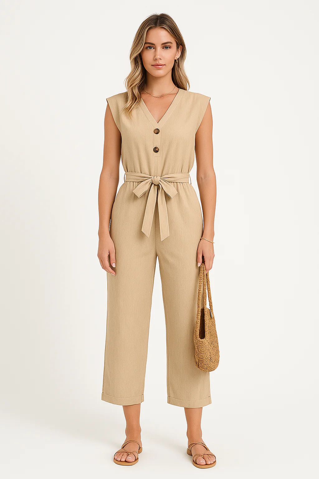 Ladies Jumpsuit – Sleeveless – V-Neck – Relaxed Fit – Tie Belt – Ankle Length - Image 2
