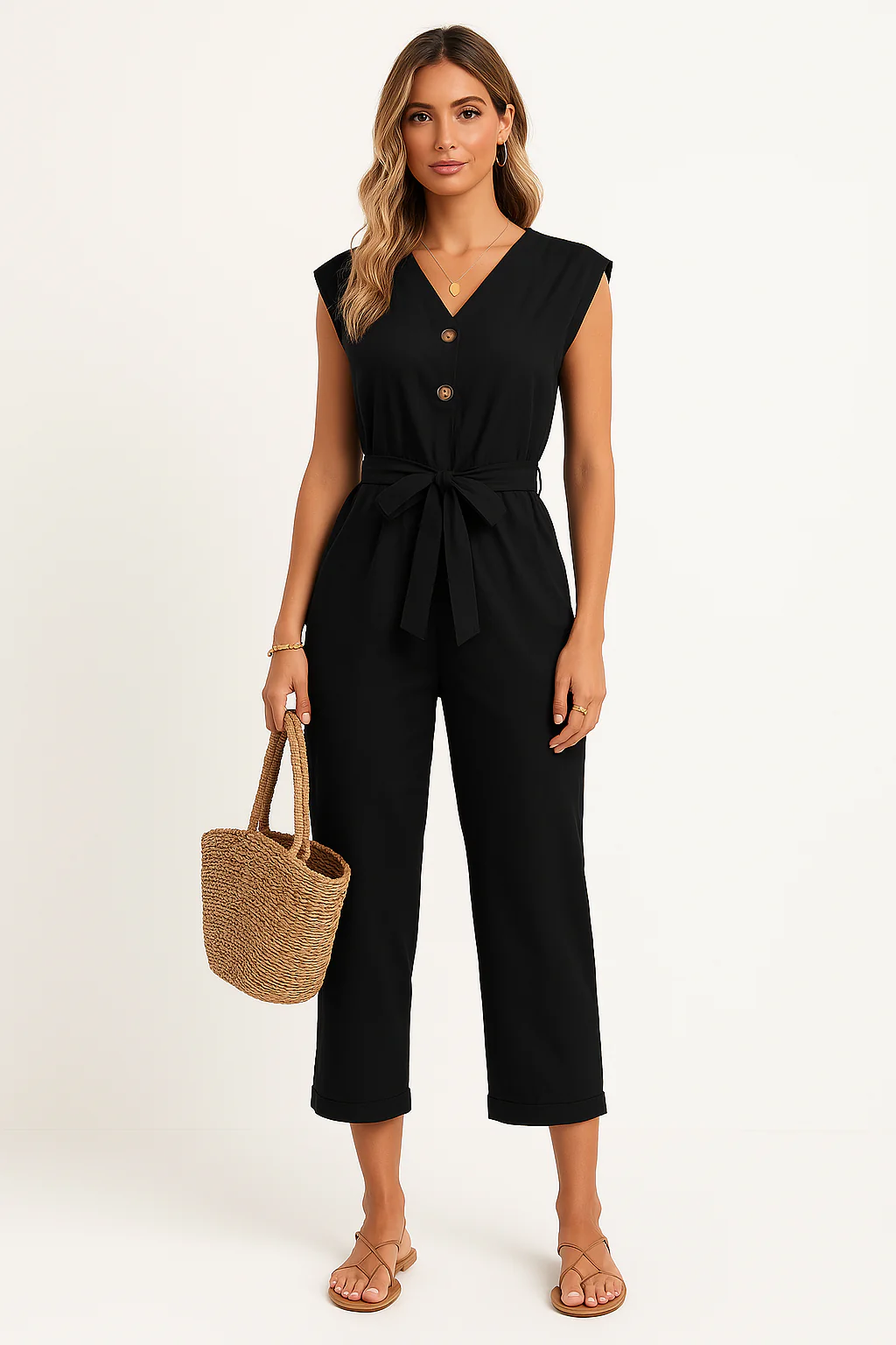 Ladies Jumpsuit – Sleeveless – V-Neck – Relaxed Fit – Tie Belt – Ankle Length - Image 3
