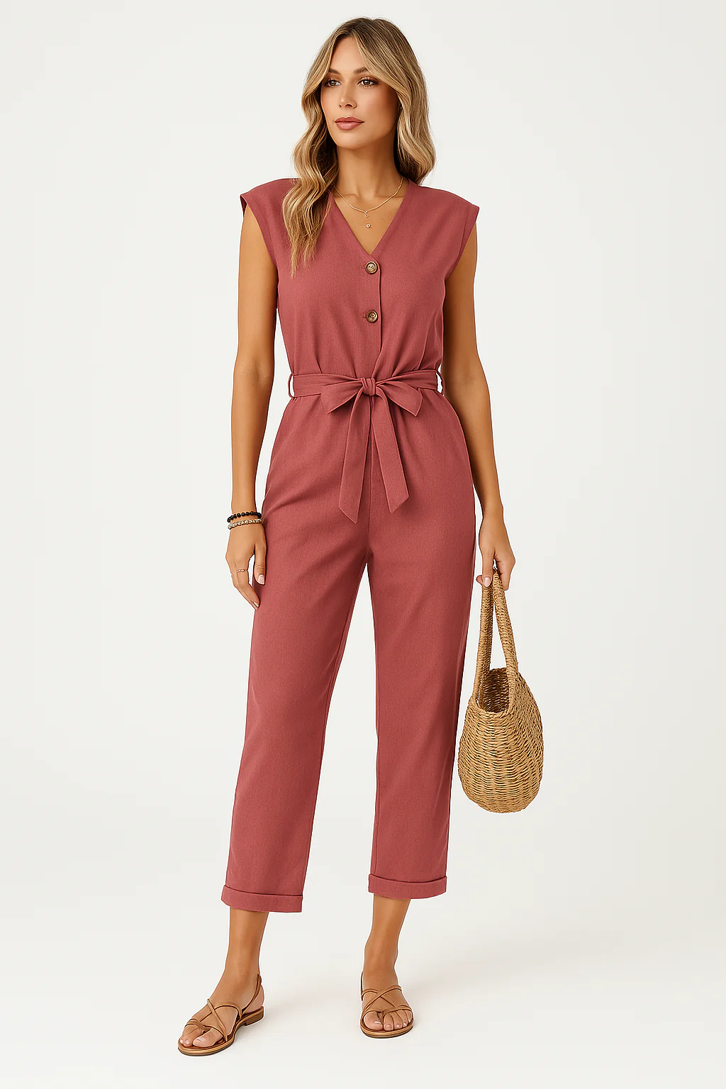 Ladies Jumpsuit – Sleeveless – V-Neck – Relaxed Fit – Tie Belt – Ankle Length - Image 6