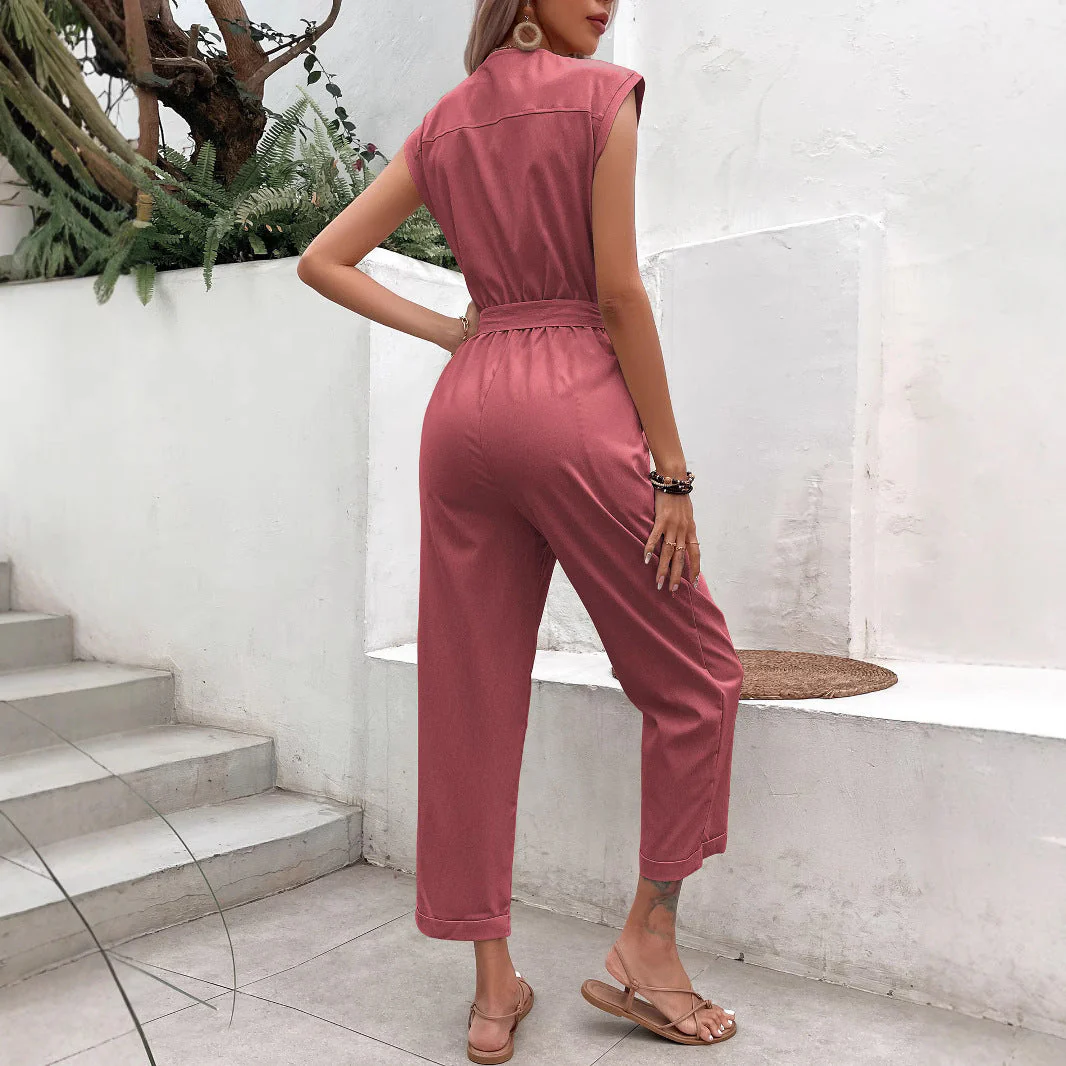 Ladies Jumpsuit – Sleeveless – V-Neck – Relaxed Fit – Tie Belt – Ankle Length - Image 8