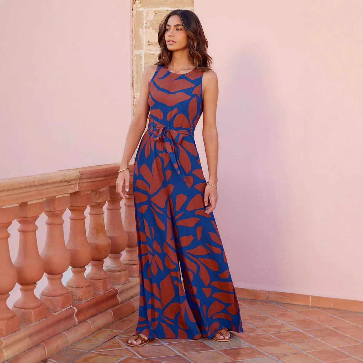 Women's jumpsuit – Sleeveless – Wide legs – Breathable – Abstract print – Waist belt - Image 4