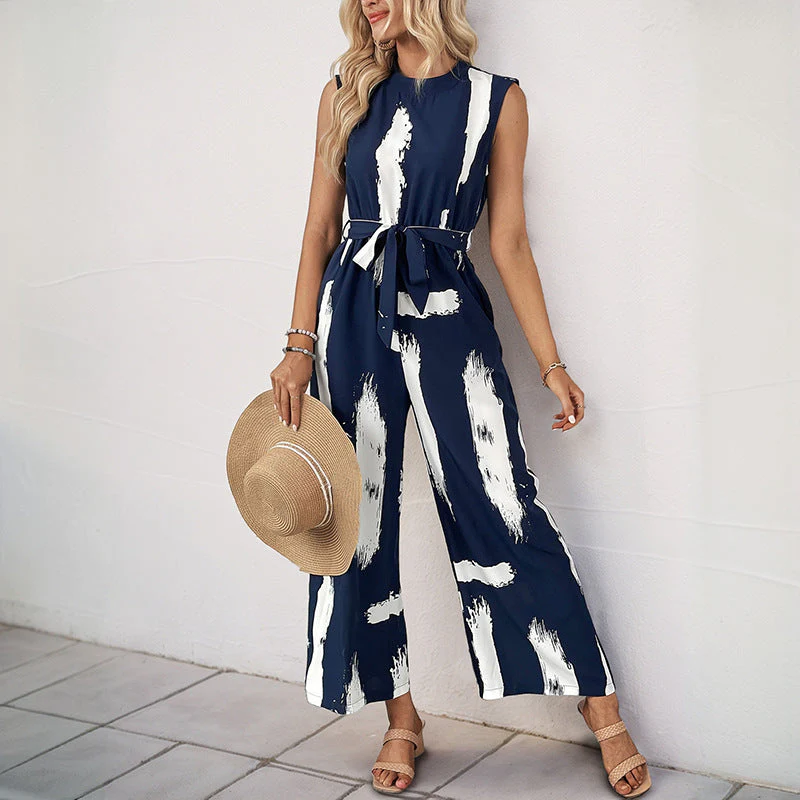Ladies Jumpsuit – Sleeveless – Wide Legs – Tie Belt – Airy Printed Fabric - Image 2