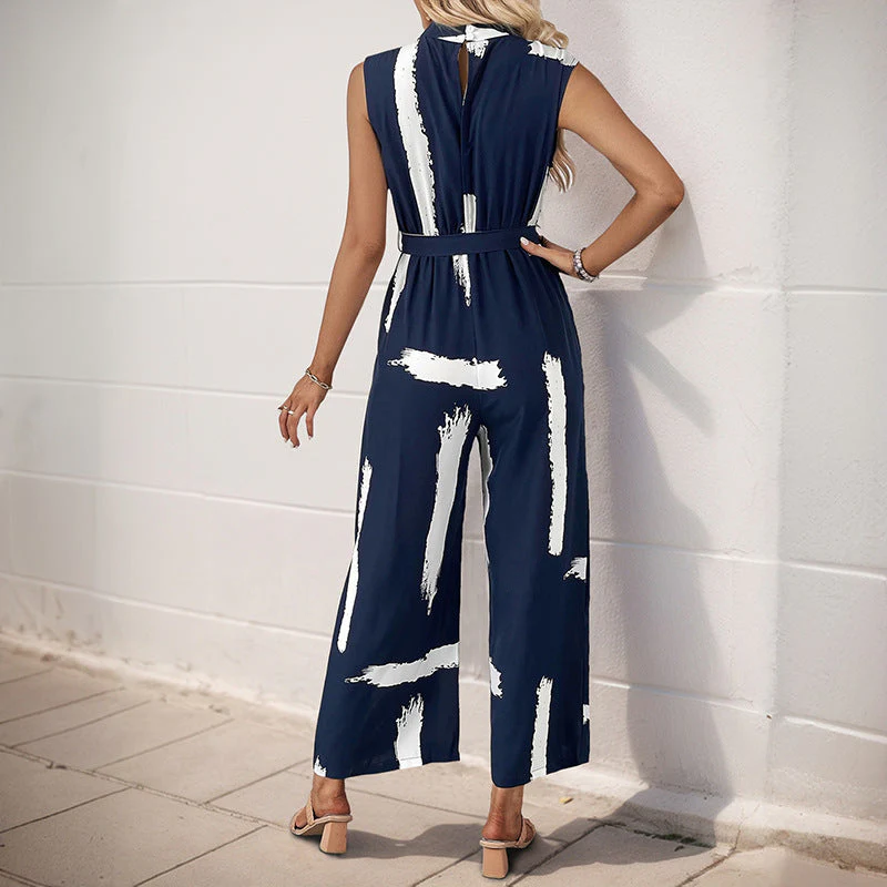 Ladies Jumpsuit – Sleeveless – Wide Legs – Tie Belt – Airy Printed Fabric - Image 3