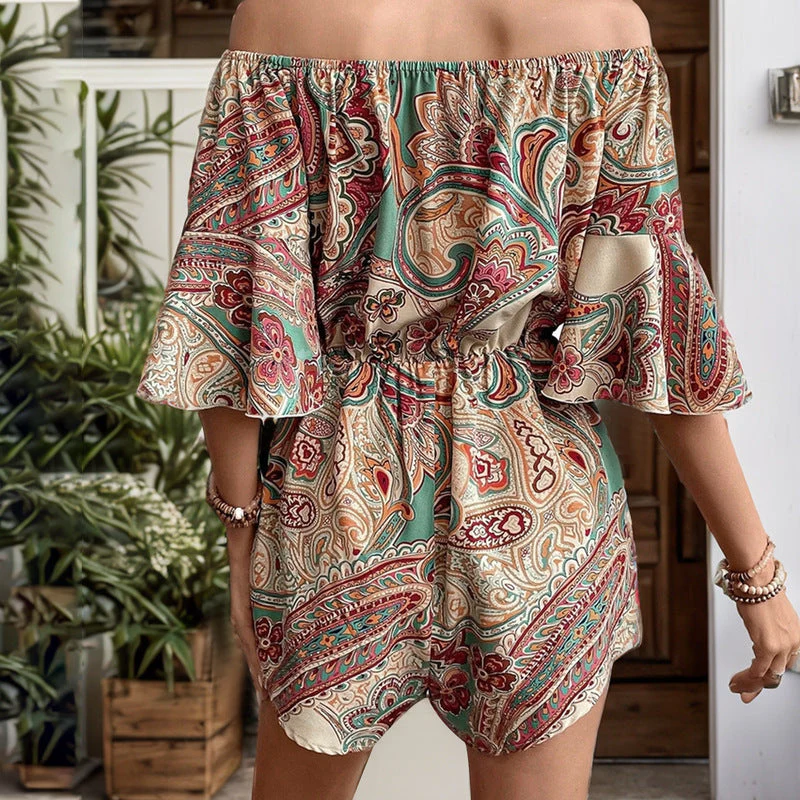 Ladies Jumpsuit – Off Shoulder – Bohemian Print – Flared Sleeves – Loose Fit - Image 2