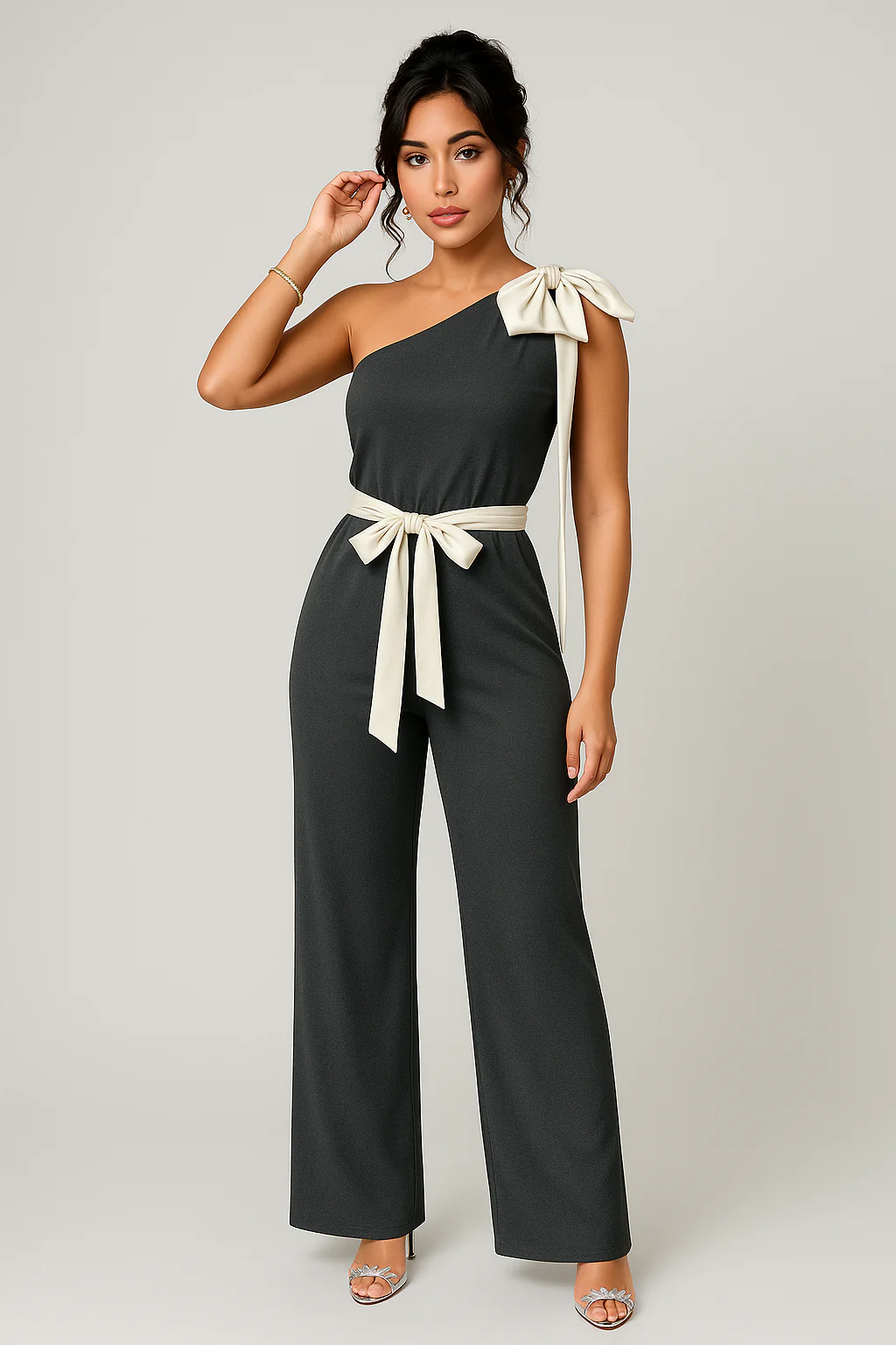Women's Jumpsuit – One-Shoulder Design – Luxury Fabric – Bow Belt – Elegant Fit - Image 2