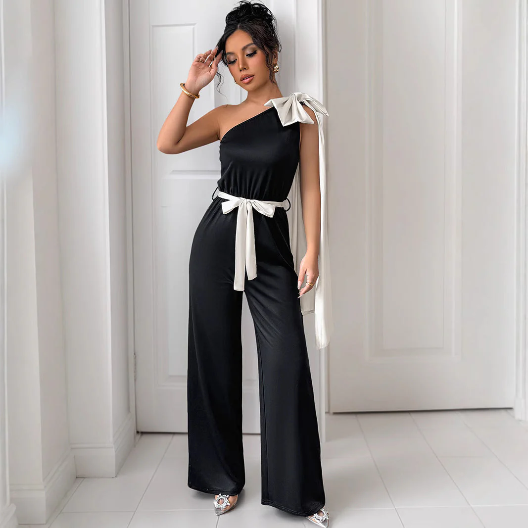 Women's Jumpsuit – One-Shoulder Design – Luxury Fabric – Bow Belt – Elegant Fit - Image 4