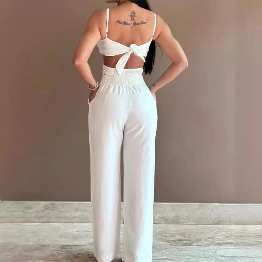 Women's Jumpsuit – Open Back – Wide Legs – Tie Front – Breathable Design - Image 3