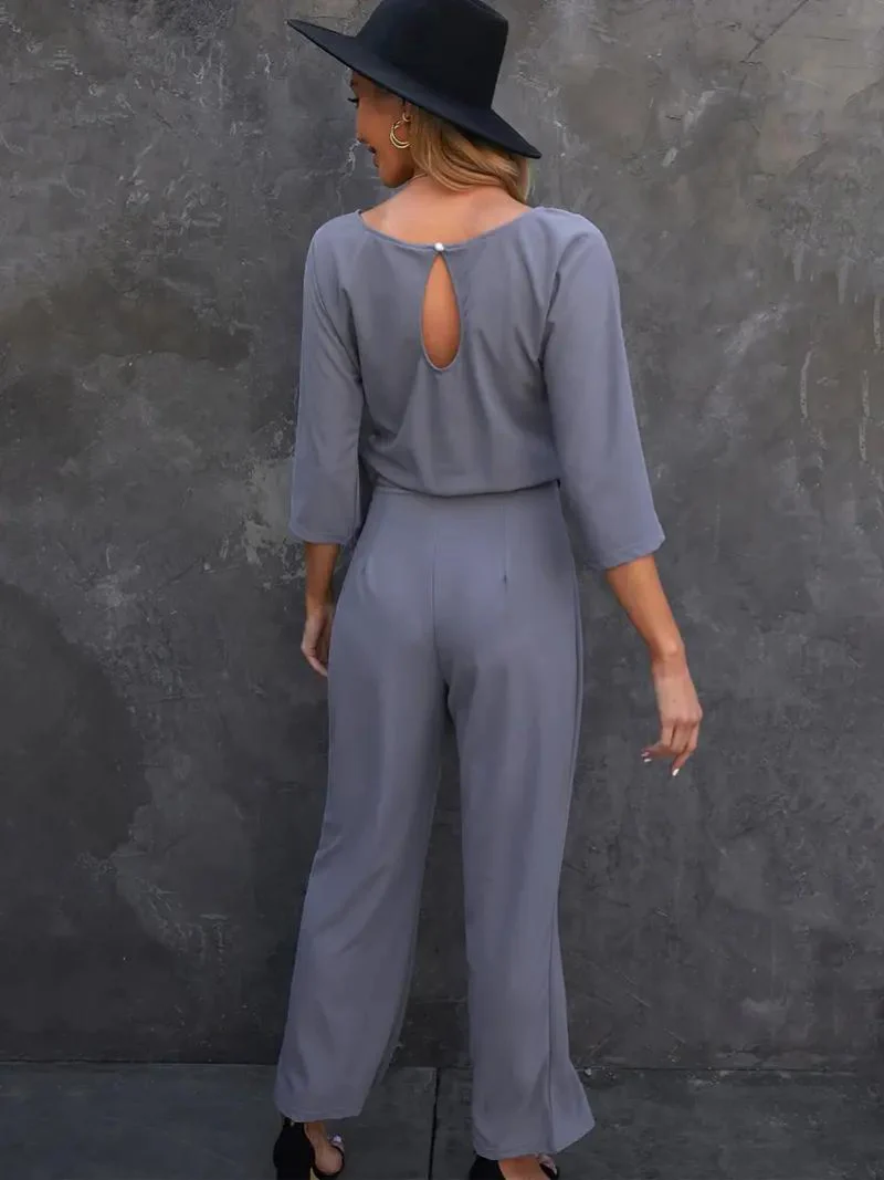 Women's Jumpsuit – Relaxed Fit – Breathable Material – Belt – 3/4 Sleeves – Full Length - Image 4