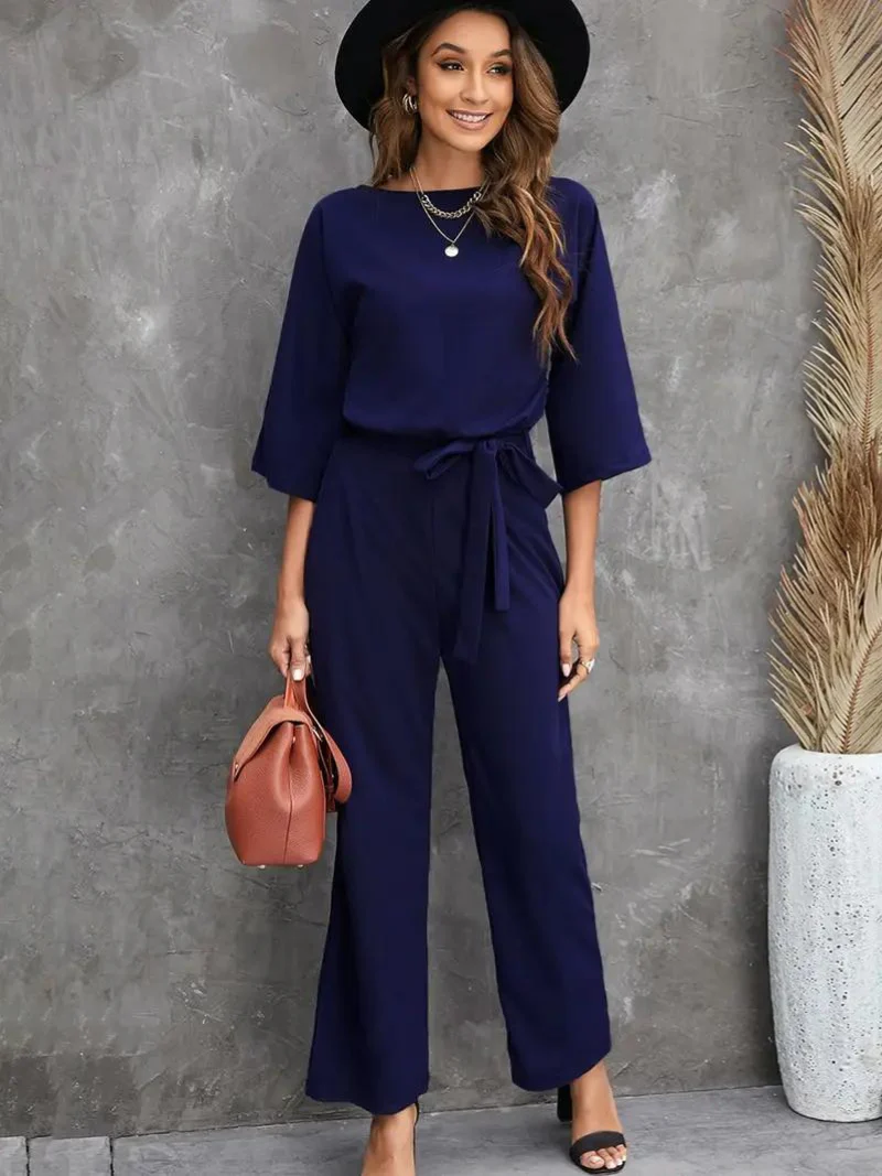 Women's Jumpsuit – Relaxed Fit – Breathable Material – Belt – 3/4 Sleeves – Full Length - Image 7