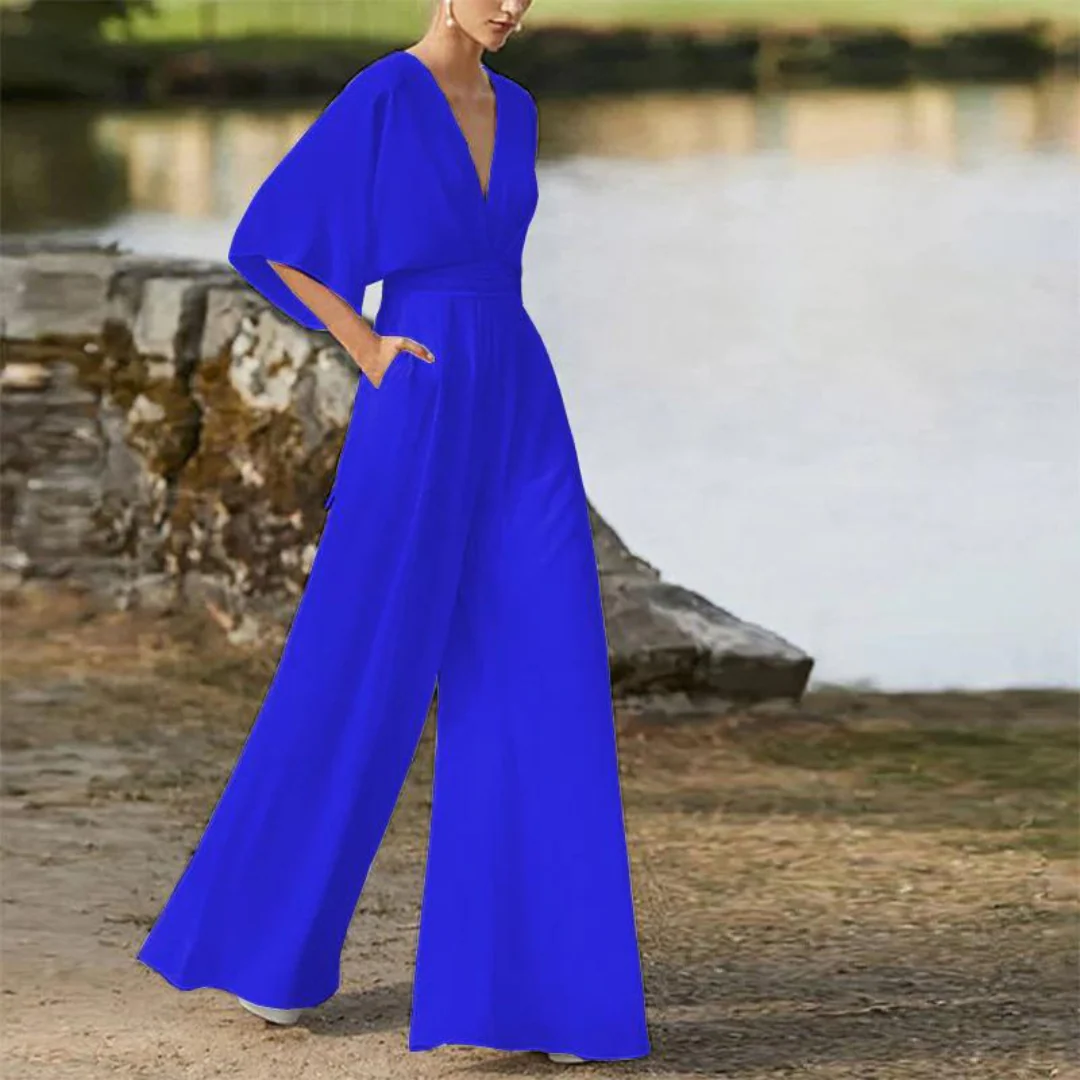 Women's Jumpsuit – Relaxed Fit – Deep V-neck – Half Sleeves – Wide Legs – Breathable - Image 3
