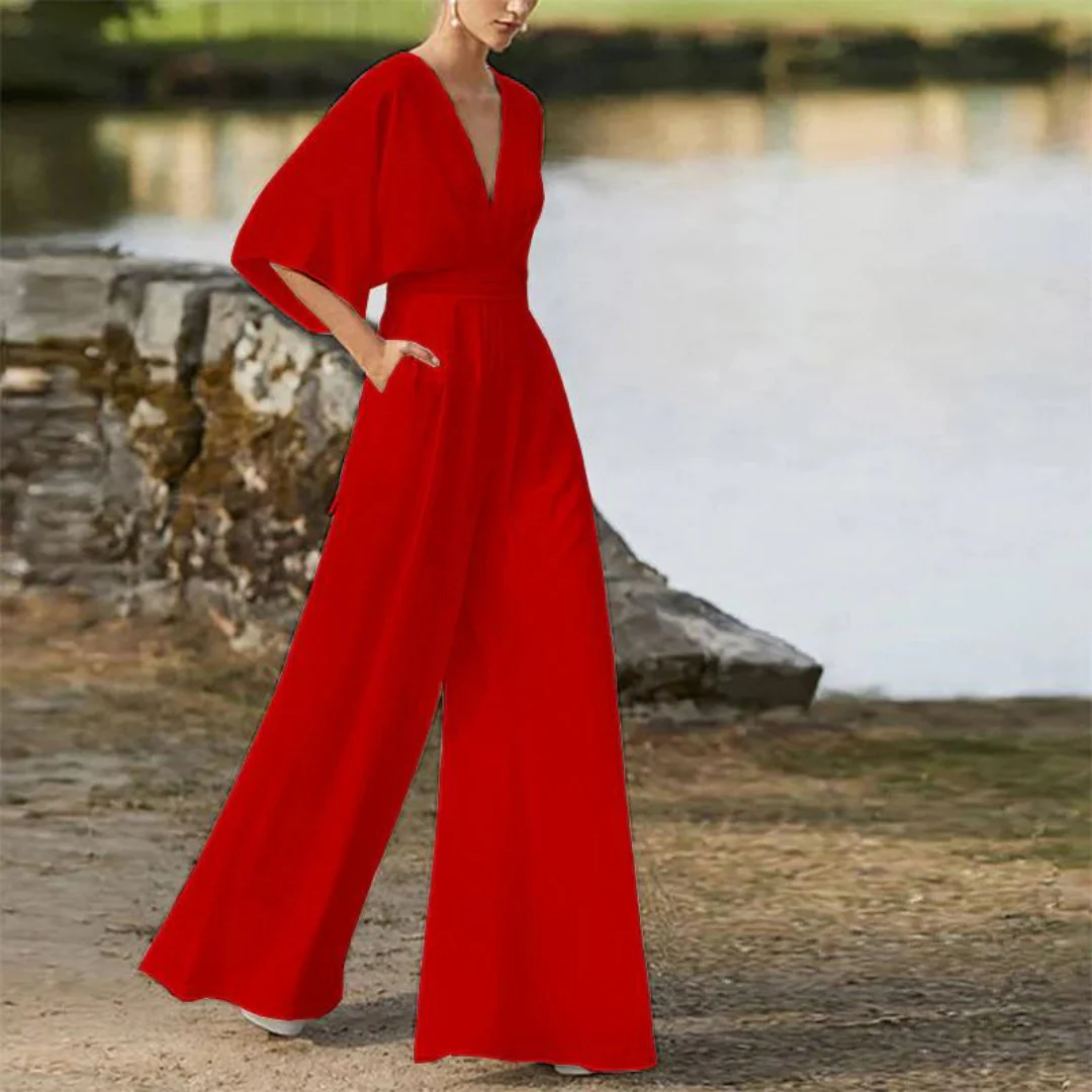 Women's Jumpsuit – Relaxed Fit – Deep V-neck – Half Sleeves – Wide Legs – Breathable - Image 4