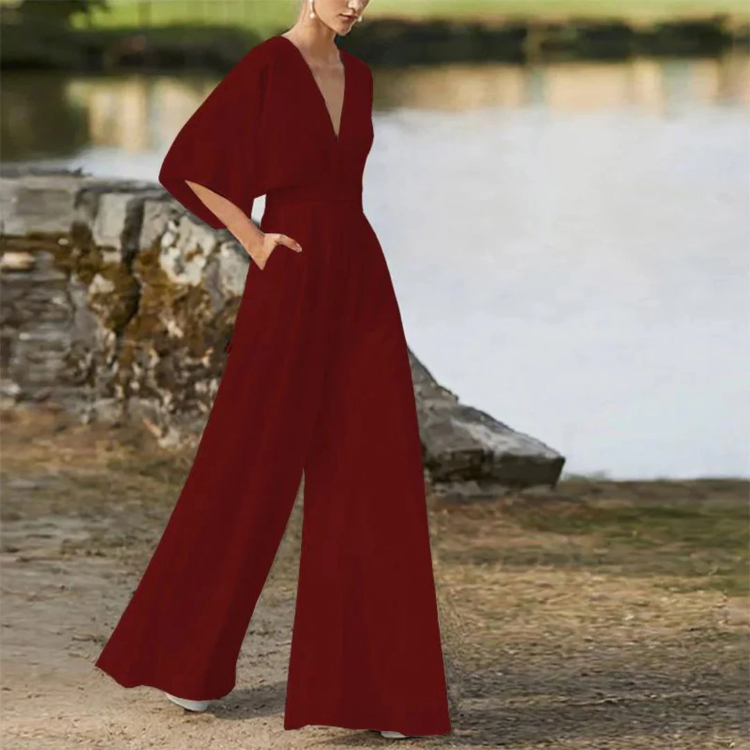 Women's Jumpsuit – Relaxed Fit – Deep V-neck – Half Sleeves – Wide Legs – Breathable - Image 5