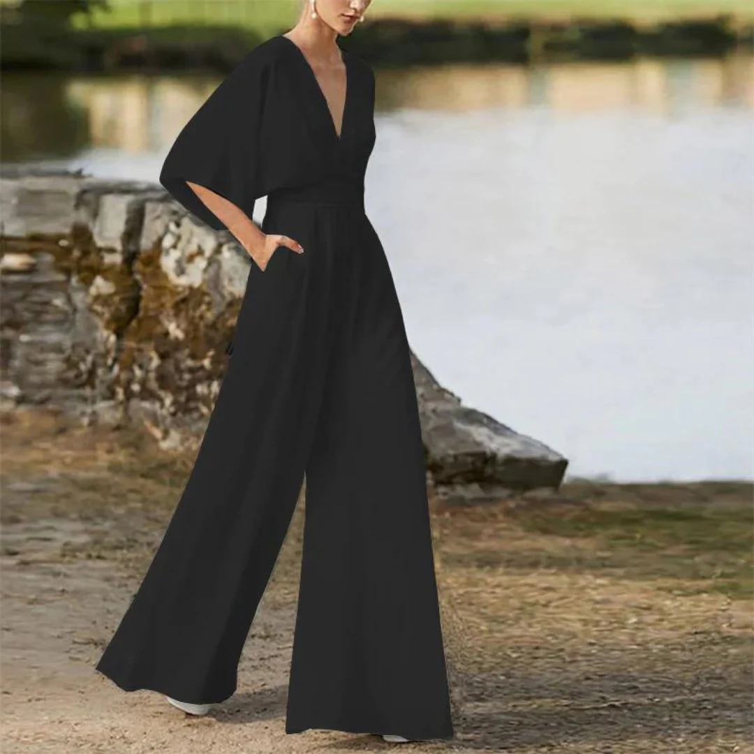 Women's Jumpsuit – Relaxed Fit – Deep V-neck – Half Sleeves – Wide Legs – Breathable - Image 6