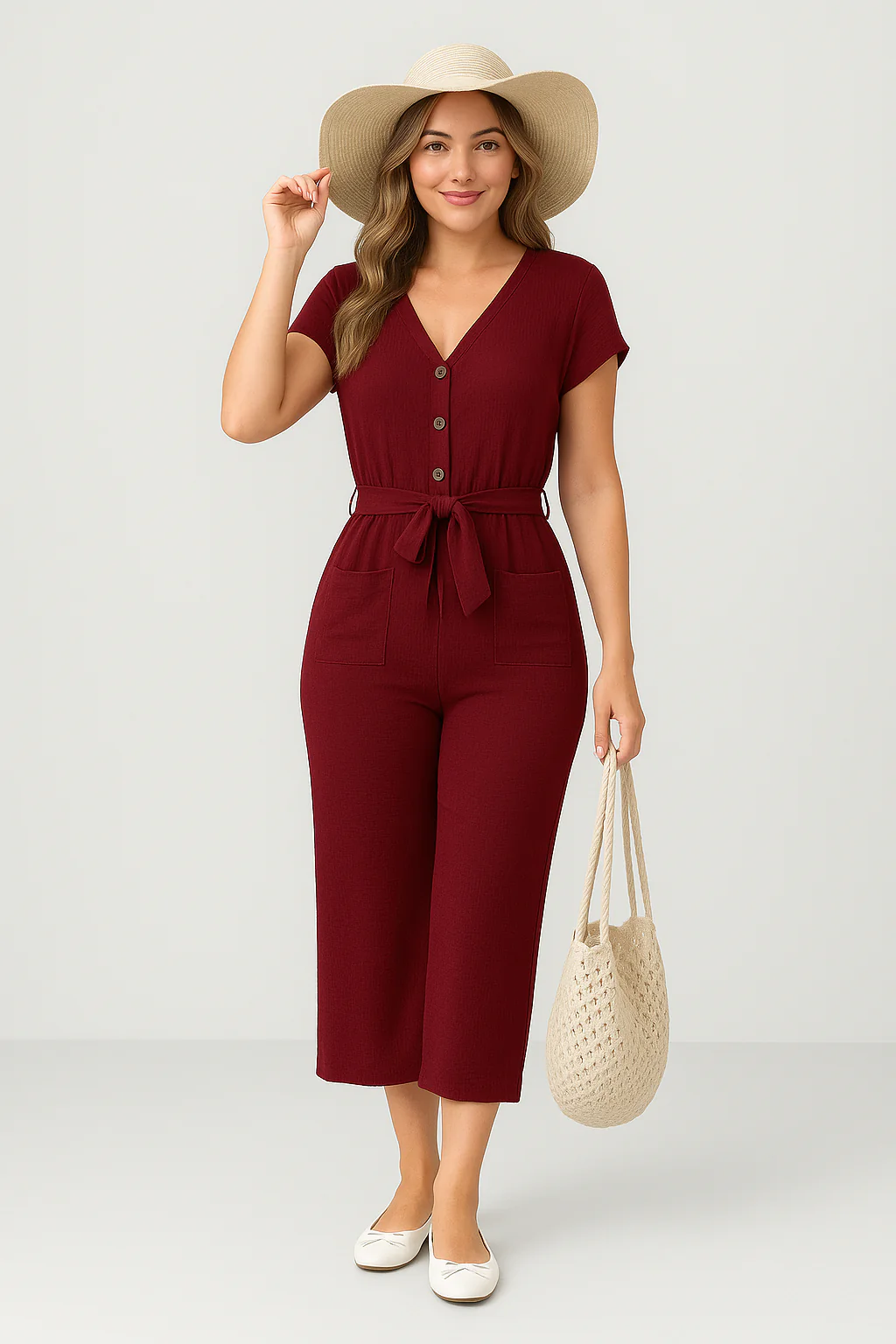 Women's jumpsuit – Relaxed fit – Short sleeve – V-neck – Belt – Buttons – Cropped model - Image 2