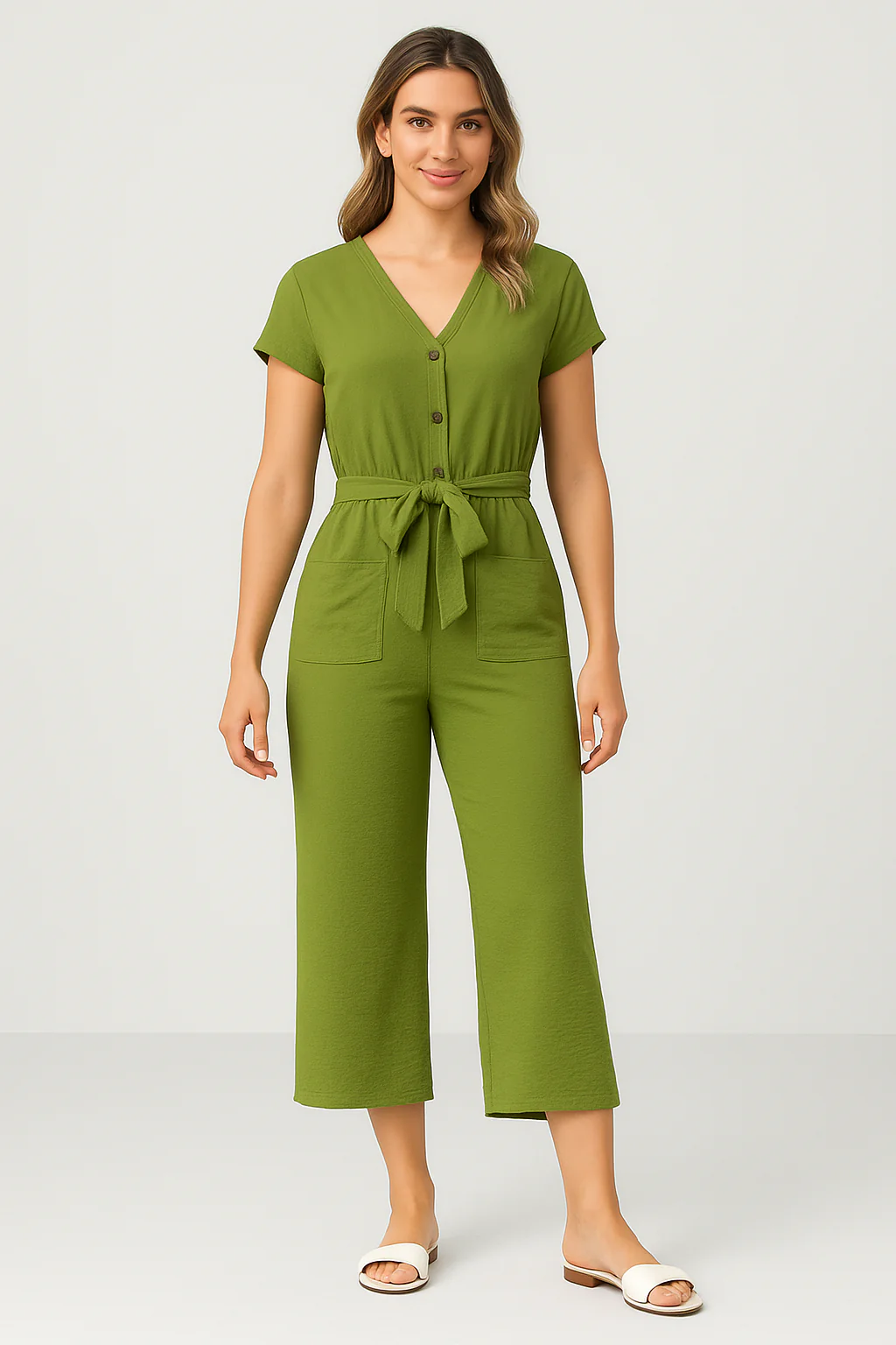 Women's jumpsuit – Relaxed fit – Short sleeve – V-neck – Belt – Buttons – Cropped model - Image 4