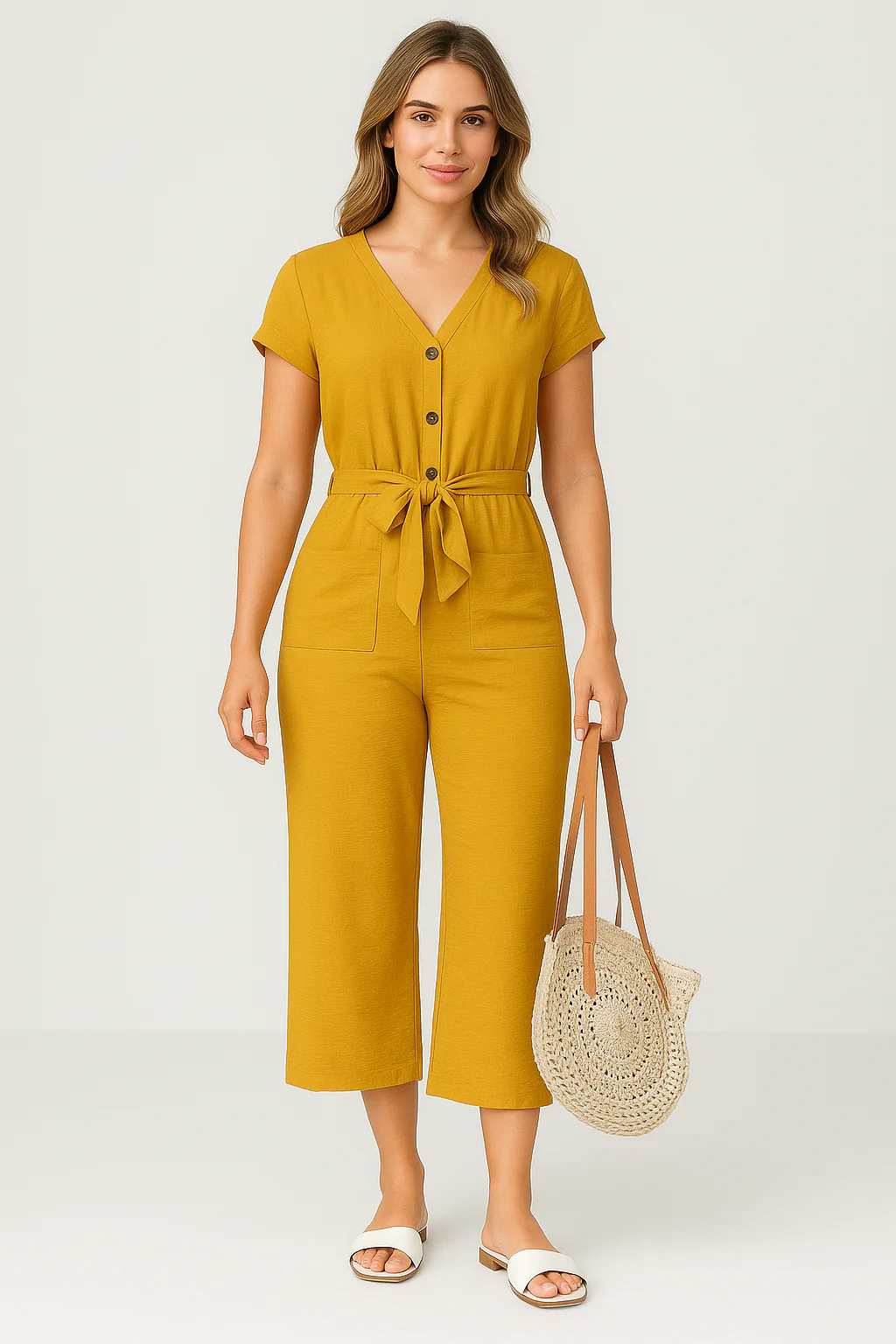 Women's jumpsuit – Relaxed fit – Short sleeve – V-neck – Belt – Buttons – Cropped model - Image 5