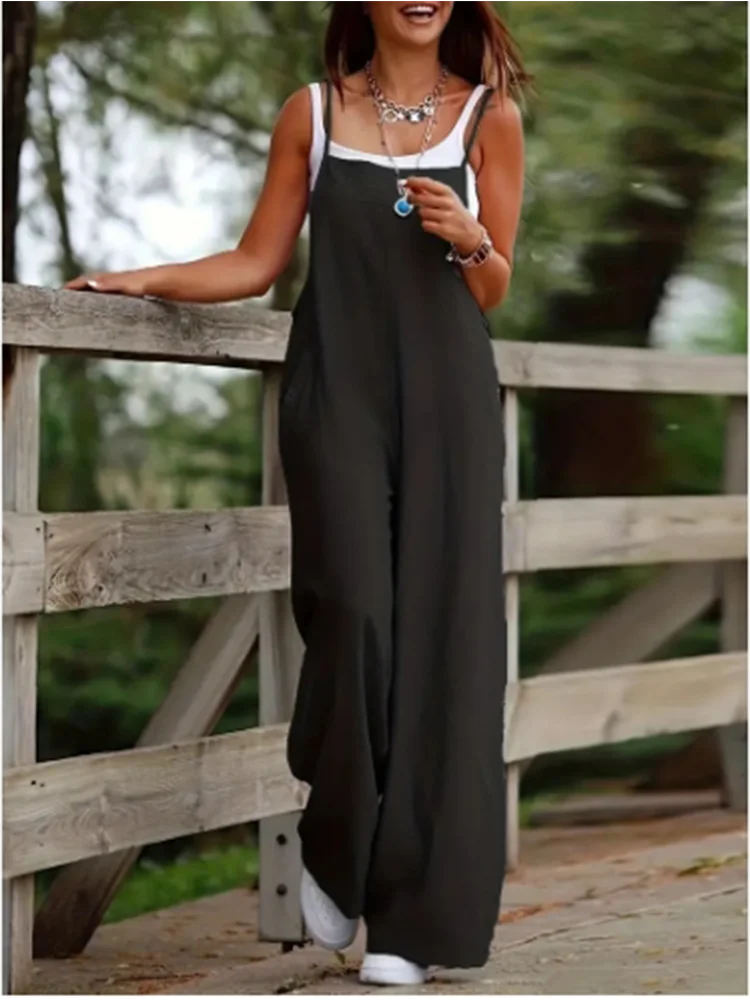Women's Jumpsuit – Relaxed Fit – Sleeveless – Straight Legs – Natural Fibres - Image 2