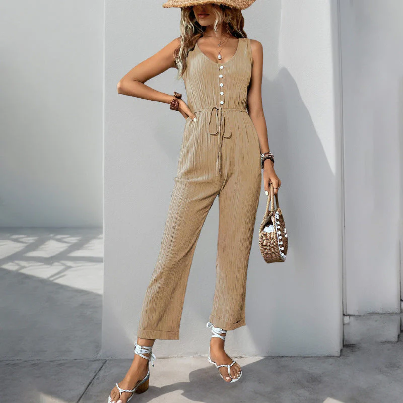 Women's jumpsuit – Relaxed fit – Sleeveless V-neck – Textured fabric – Waist belt - Image 5