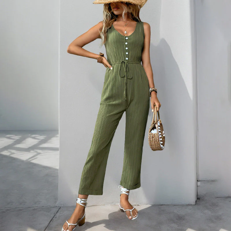 Women's jumpsuit – Relaxed fit – Sleeveless V-neck – Textured fabric – Waist belt - Image 7