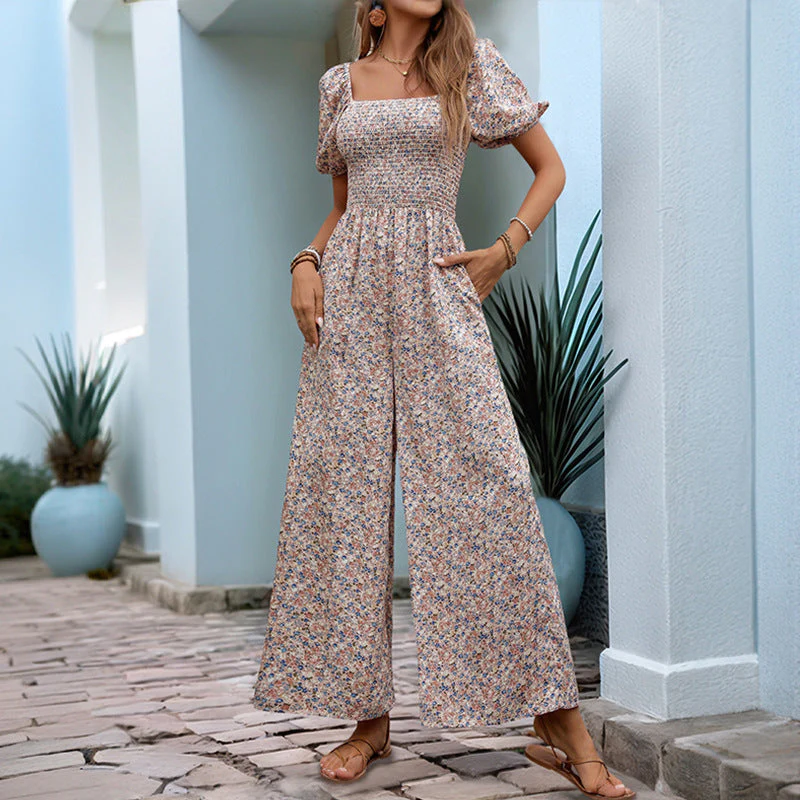 Women's Jumpsuit – Relaxed Fit – Smocked Top – Wide Legs – Floral Print – Puff Sleeves - Image 3