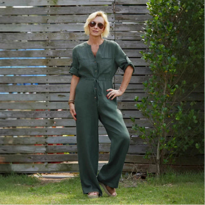 Women's Jumpsuit – Relaxed Fit – V-Neck – Breathable Fabric – Adjustable Waist – Long Length - Image 2