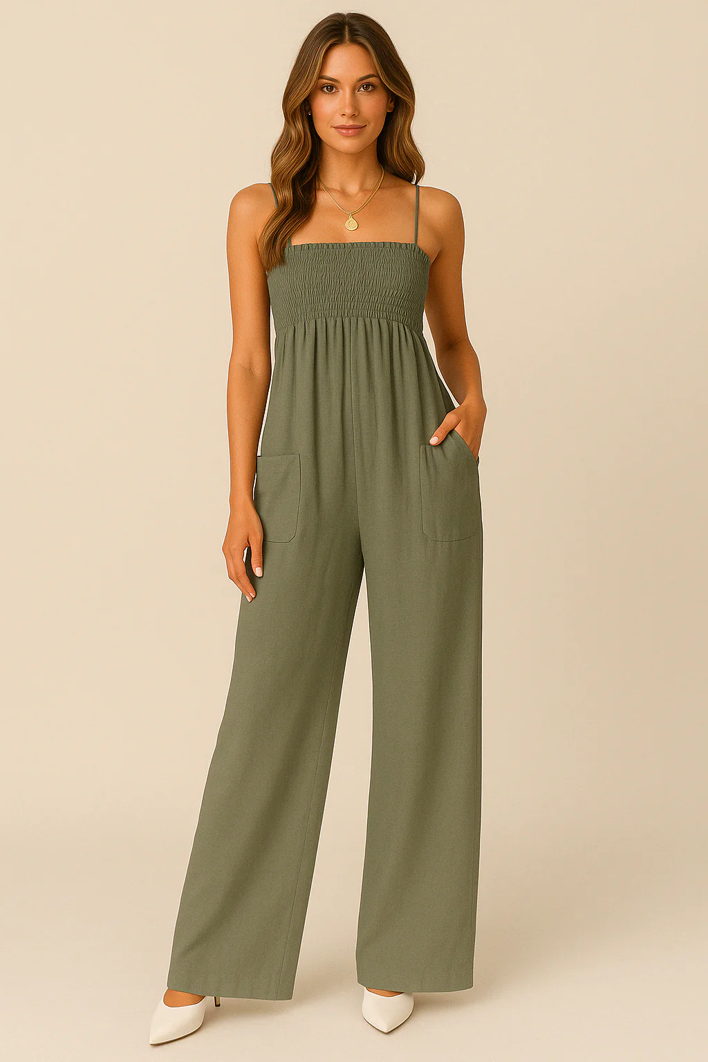 Women's jumpsuit – Relaxed fit – Ruched bodice – Spaghetti straps – Breathable cotton - Image 4