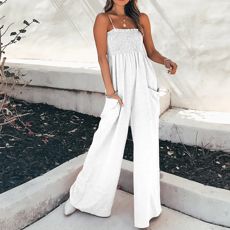 Women's jumpsuit – Relaxed fit – Ruched bodice – Spaghetti straps – Breathable cotton - Image 5