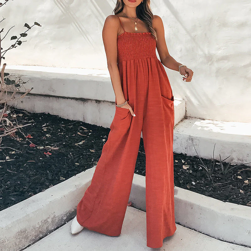 Women's jumpsuit – Relaxed fit – Ruched bodice – Spaghetti straps – Breathable cotton - Image 6