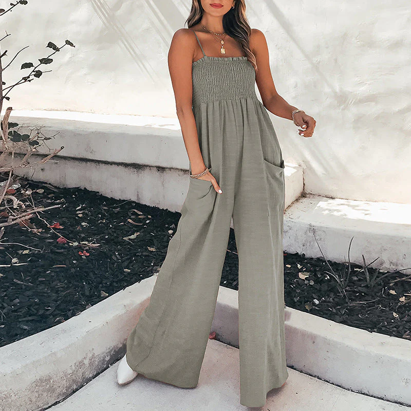 Women's jumpsuit – Relaxed fit – Ruched bodice – Spaghetti straps – Breathable cotton - Image 8