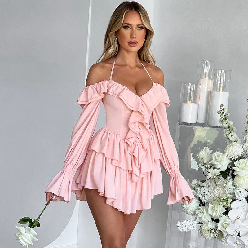 Women's Jumpsuit – Slim Fit – Halter Neck – Ruffles – Flowy Shorts – Long Sleeves - Image 2