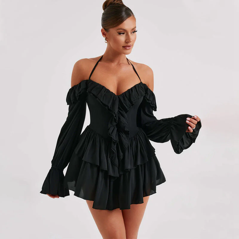 Women's Jumpsuit – Slim Fit – Halter Neck – Ruffles – Flowy Shorts – Long Sleeves - Image 3