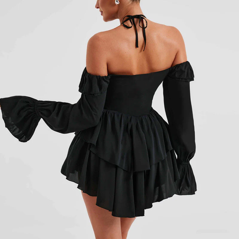 Women's Jumpsuit – Slim Fit – Halter Neck – Ruffles – Flowy Shorts – Long Sleeves - Image 4
