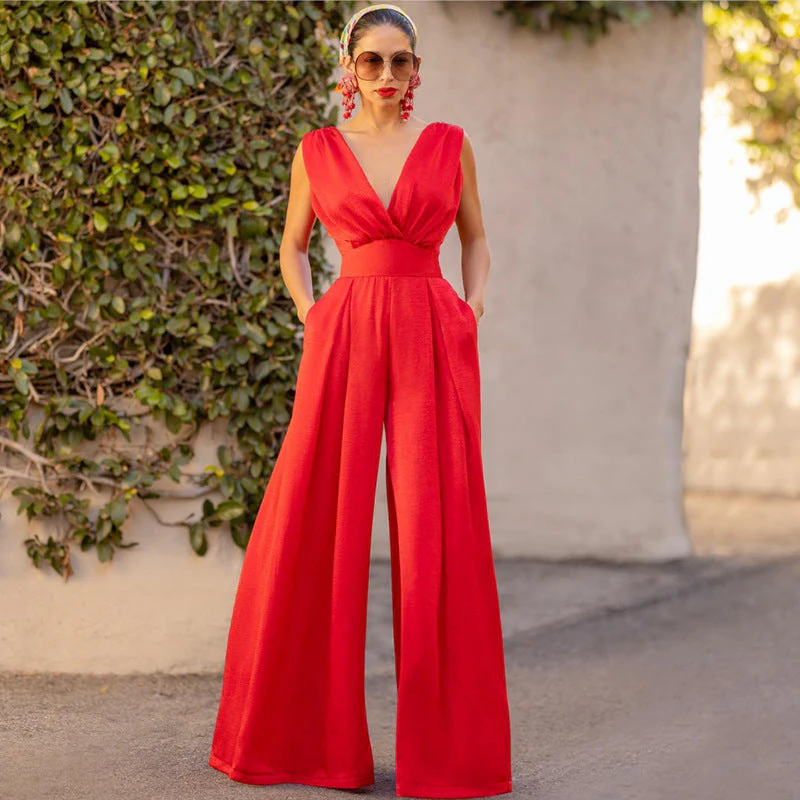 Ladies Jumpsuit – Slim Fit – Sleeveless – V-Neck – High Waist – Wide Legs - Image 4