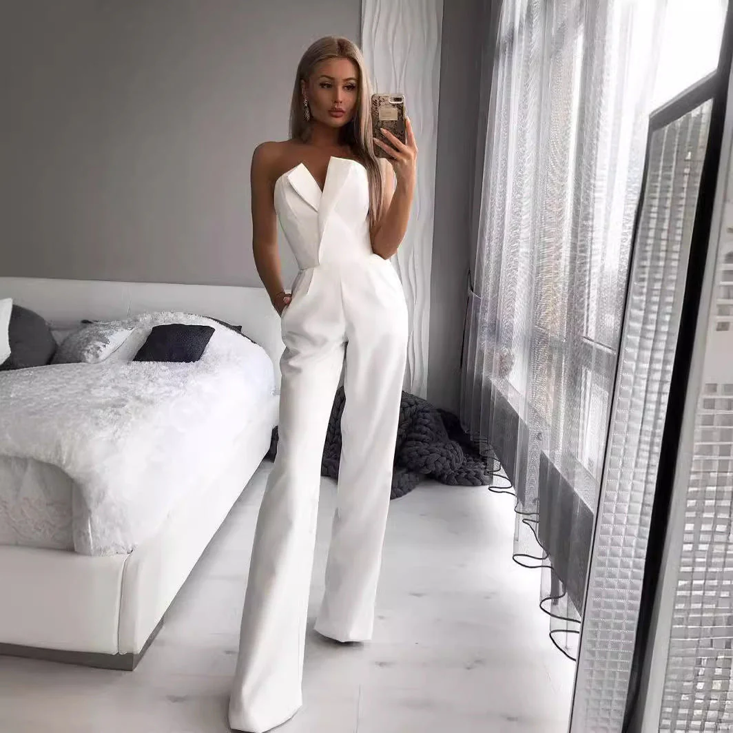 Women's Jumpsuit – Strapless Asymmetrical Neckline – Tailored Fit – Wide Legs - Image 2