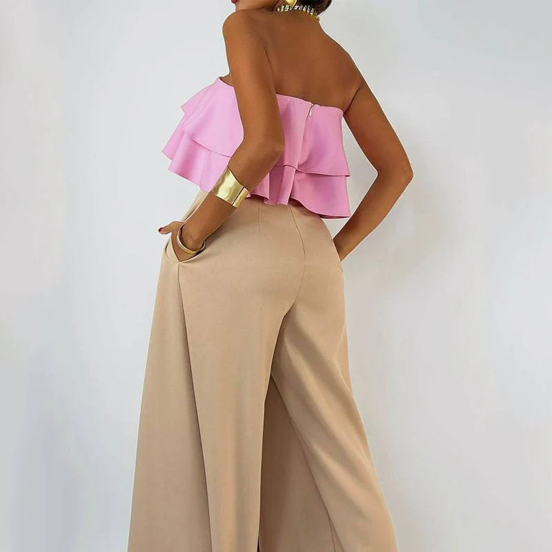 Ladies Jumpsuit Strapless – Ruffle Top – Wide Legs – Asymmetrical Drape Elegance - Image 2