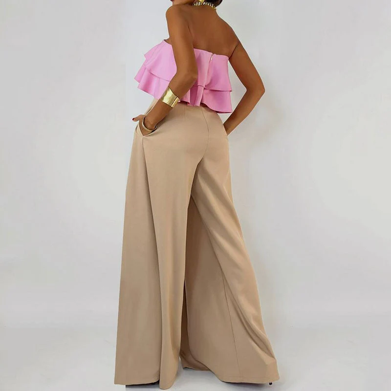 Ladies Jumpsuit Strapless – Ruffle Top – Wide Legs – Asymmetrical Drape Elegance - Image 3