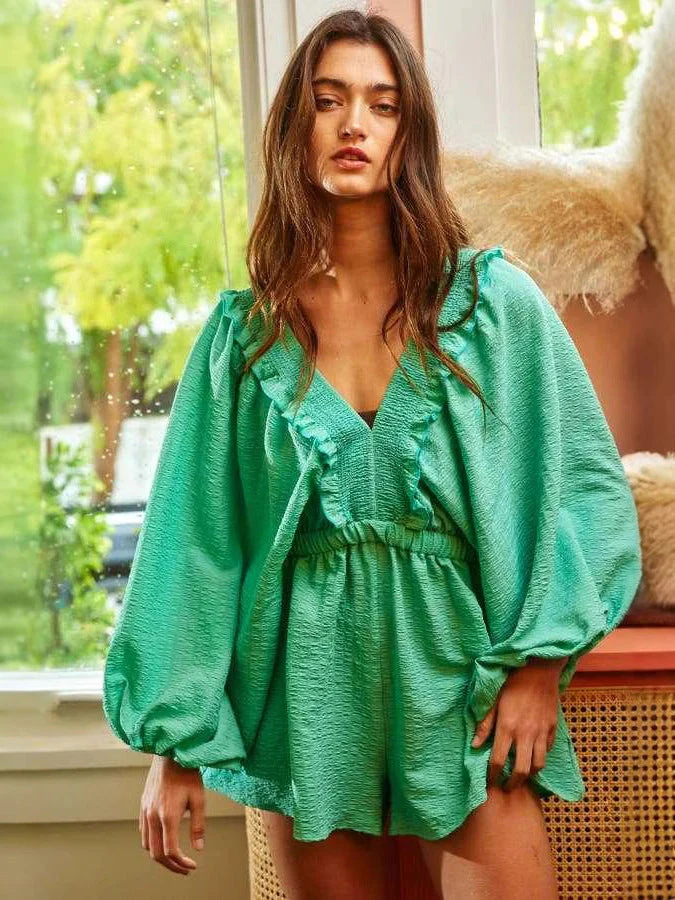 Ladies Jumpsuit – V-neck – Ruffles – Puff Sleeves – Elastic Waist – Cotton Mix - Image 6