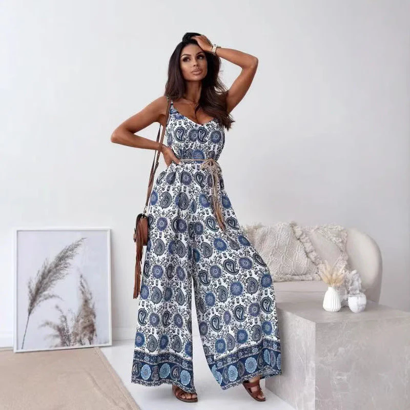Ladies Jumpsuit – V-neck – Spaghetti Straps – Wide Legs – Belted Waist - Image 2