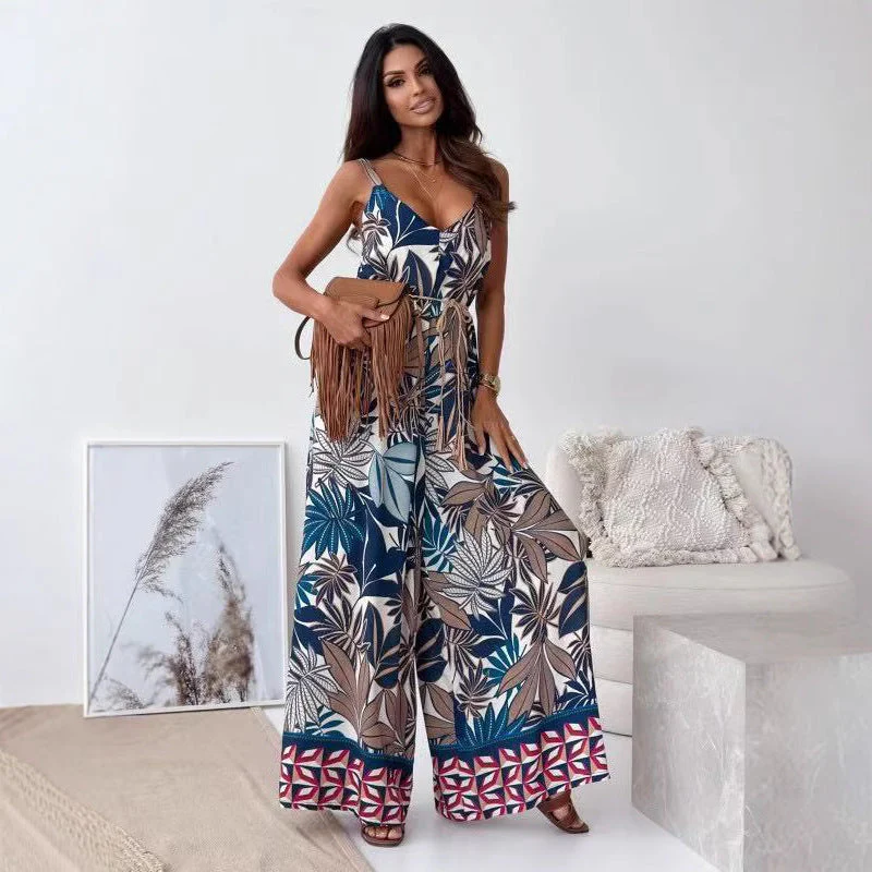 Ladies Jumpsuit – V-neck – Spaghetti Straps – Wide Legs – Belted Waist - Image 4