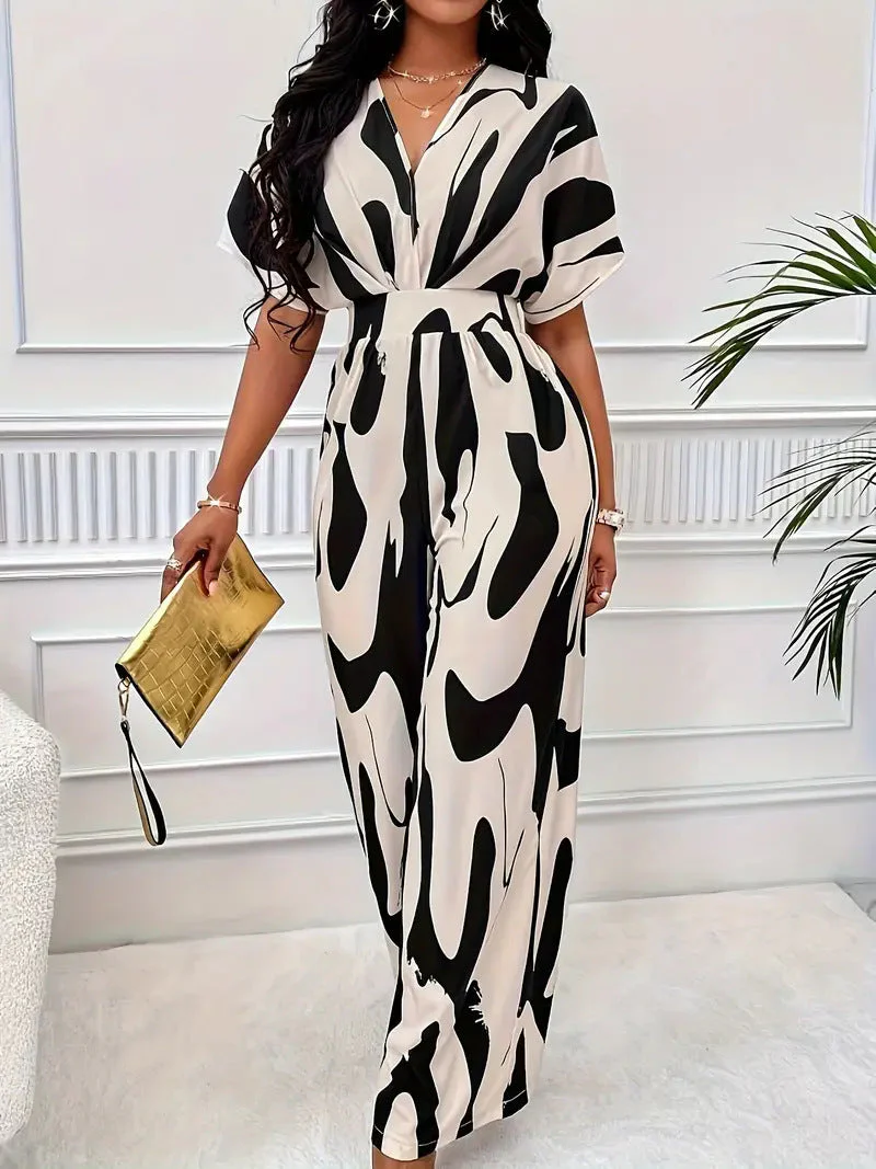Women's jumpsuit – V-neck – Wide leg – Cinched waist – Abstract print – Airy - Image 3