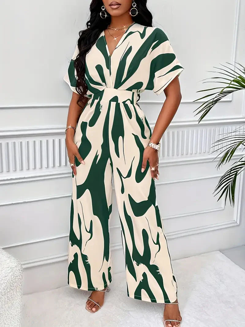 Women's jumpsuit – V-neck – Wide leg – Cinched waist – Abstract print – Airy - Image 4