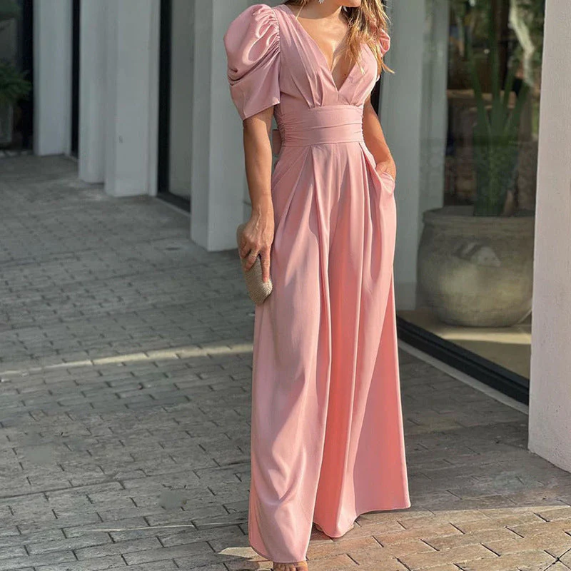 Women's Jumpsuit – Wide Legs – Puff Sleeves – V-Neck – Fitted – Elegant Model - Image 4