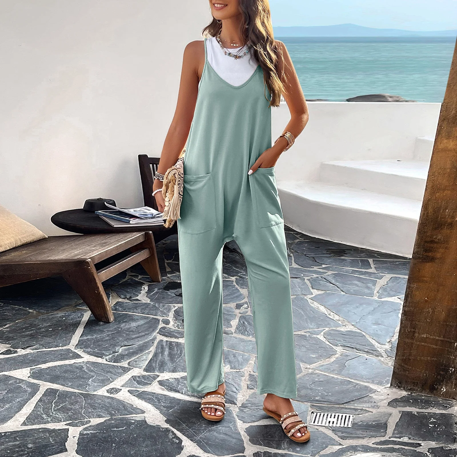 Women's Jumpsuit – Wide Legs – Relaxed Fit – Sleeveless – Soft Breathable Fabric - Image 9