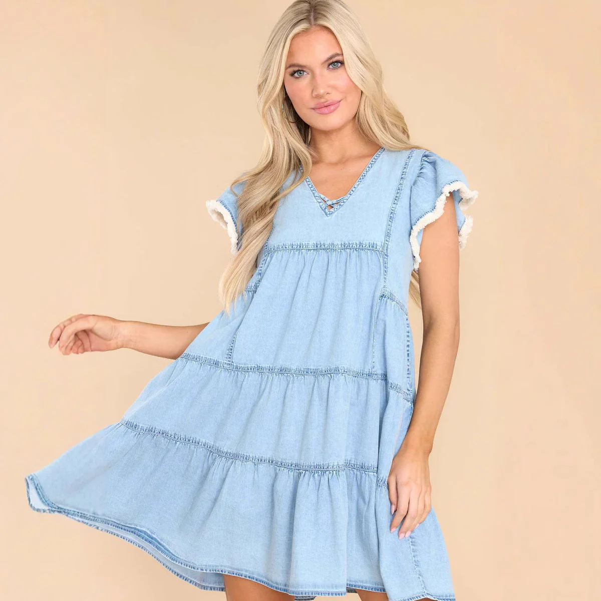 Women's Dress – A-line Mini – Denim Look – Relaxed Fit – Short Sleeves with Ruffles - Image 2