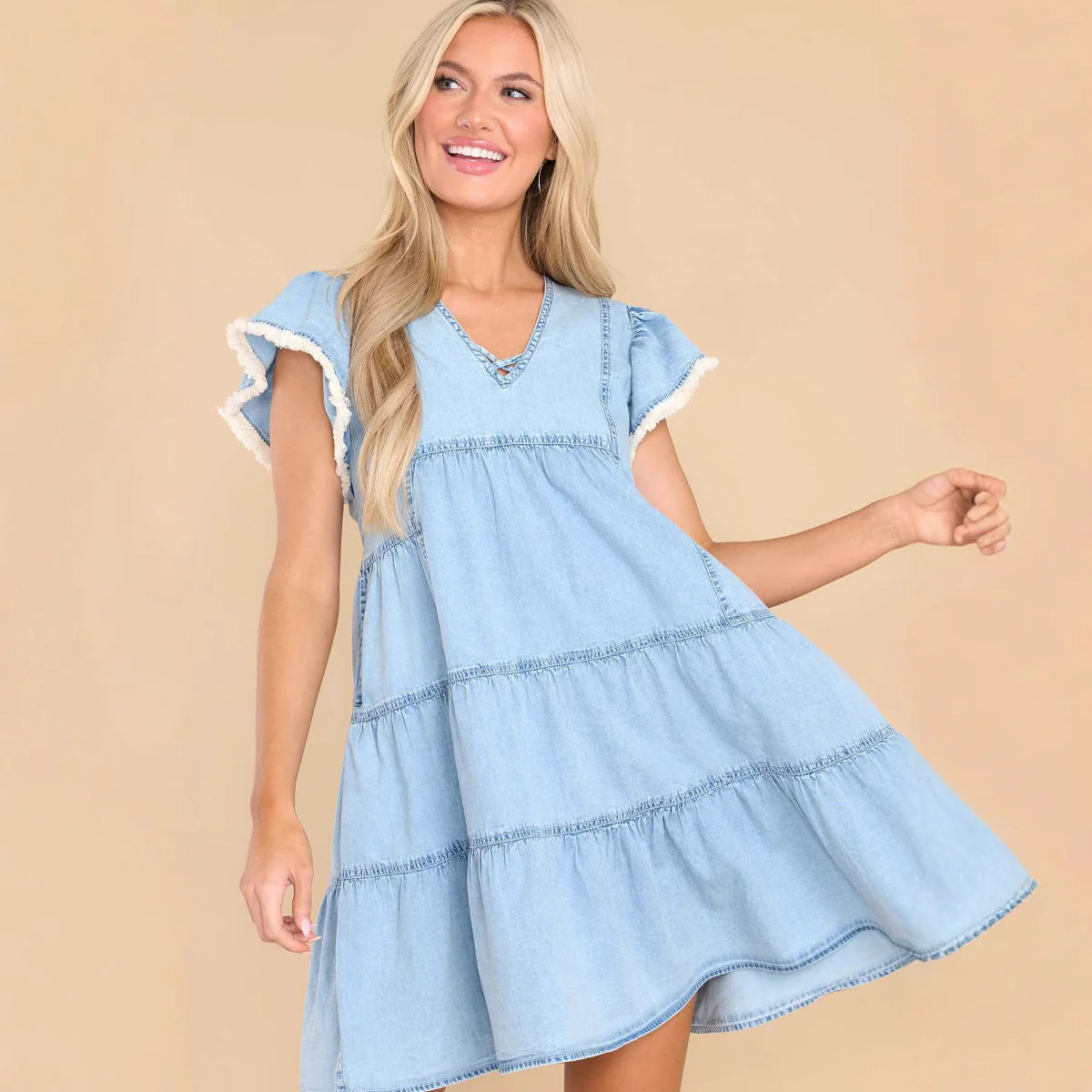Women's Dress – A-line Mini – Denim Look – Relaxed Fit – Short Sleeves with Ruffles - Image 3