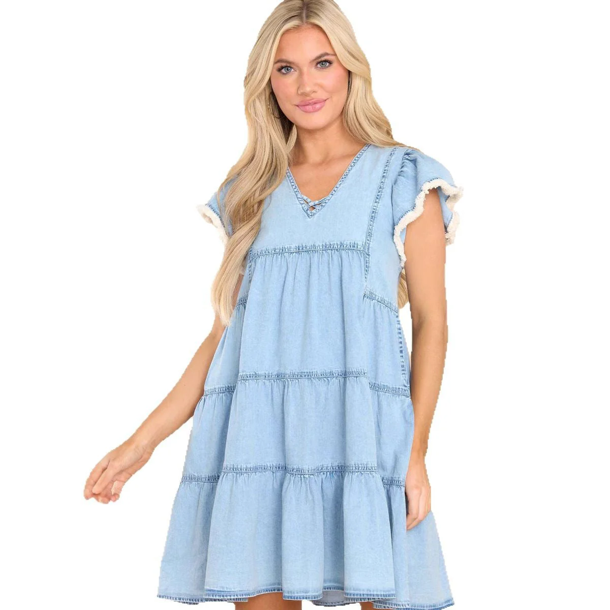 Women's Dress – A-line Mini – Denim Look – Relaxed Fit – Short Sleeves with Ruffles - Image 4