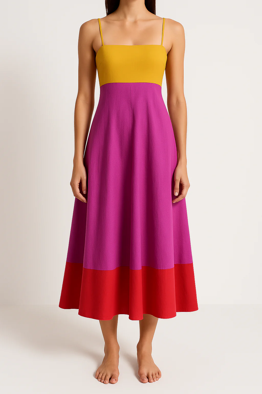 Ladies Dress – A-line Fit – Midi Length – Spaghetti Straps – Colorblock Design – Cotton - Image 6