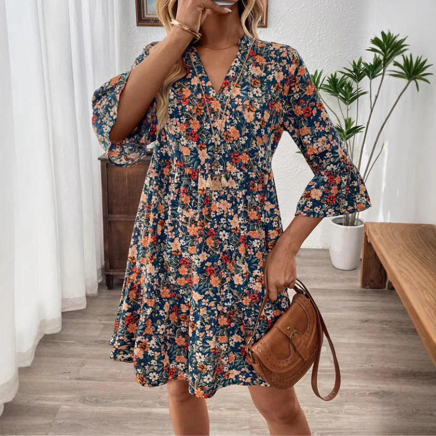 Women's Dress – A-line Fit – V-neck – 3/4 Sleeve – Floral Print – Natural Textile - Image 2