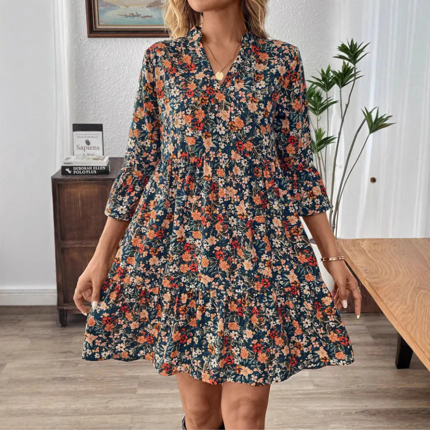 Women's Dress – A-line Fit – V-neck – 3/4 Sleeve – Floral Print – Natural Textile - Image 3