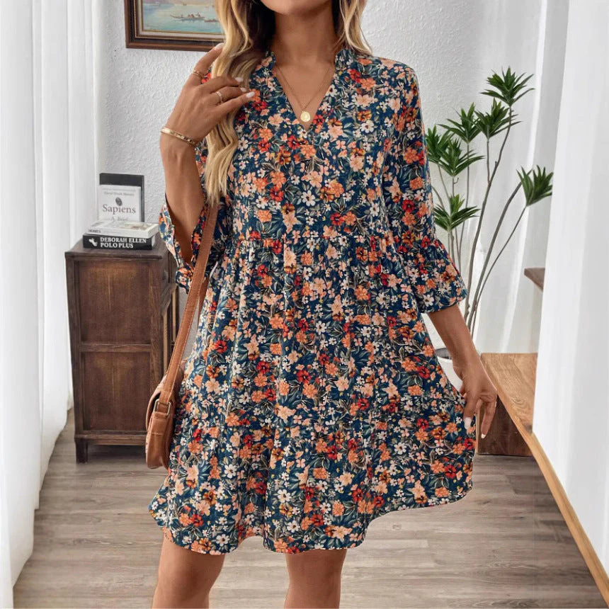 Women's Dress – A-line Fit – V-neck – 3/4 Sleeve – Floral Print – Natural Textile - Image 4